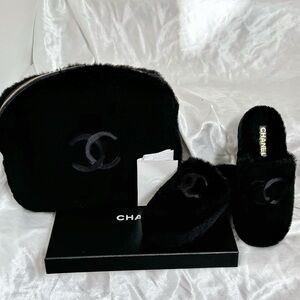 Chanel Shearling CC Mules & Pouch Set